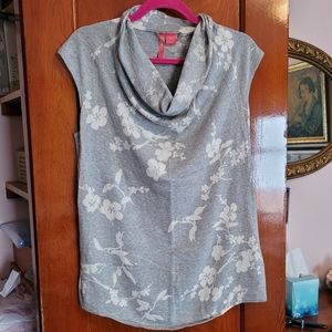 Size L Charlotte Tarantola Sleeveless Cowl Neck Knit Top Gray Floral Print